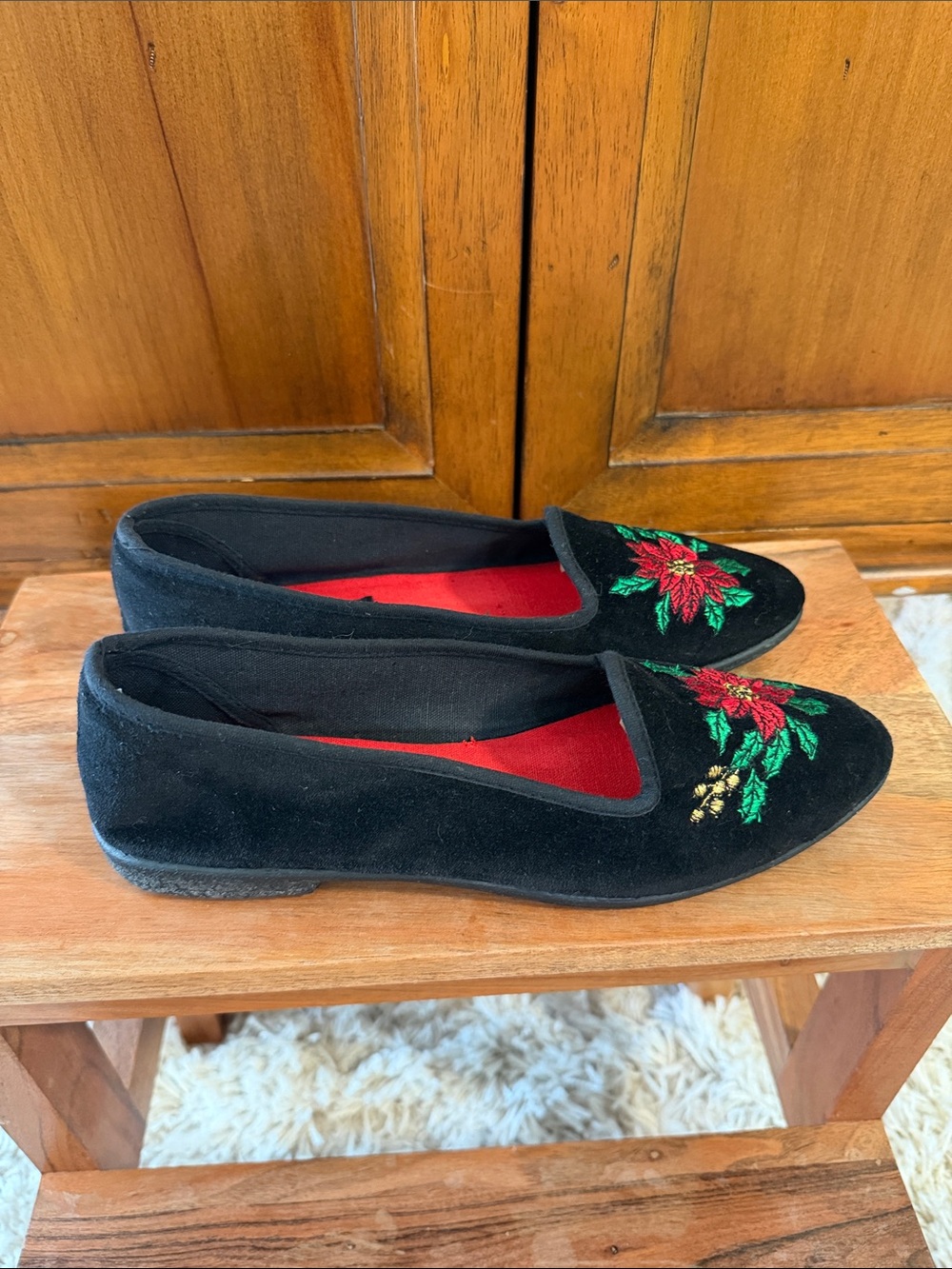 Black Velvet Embroidered poinsettia Flats